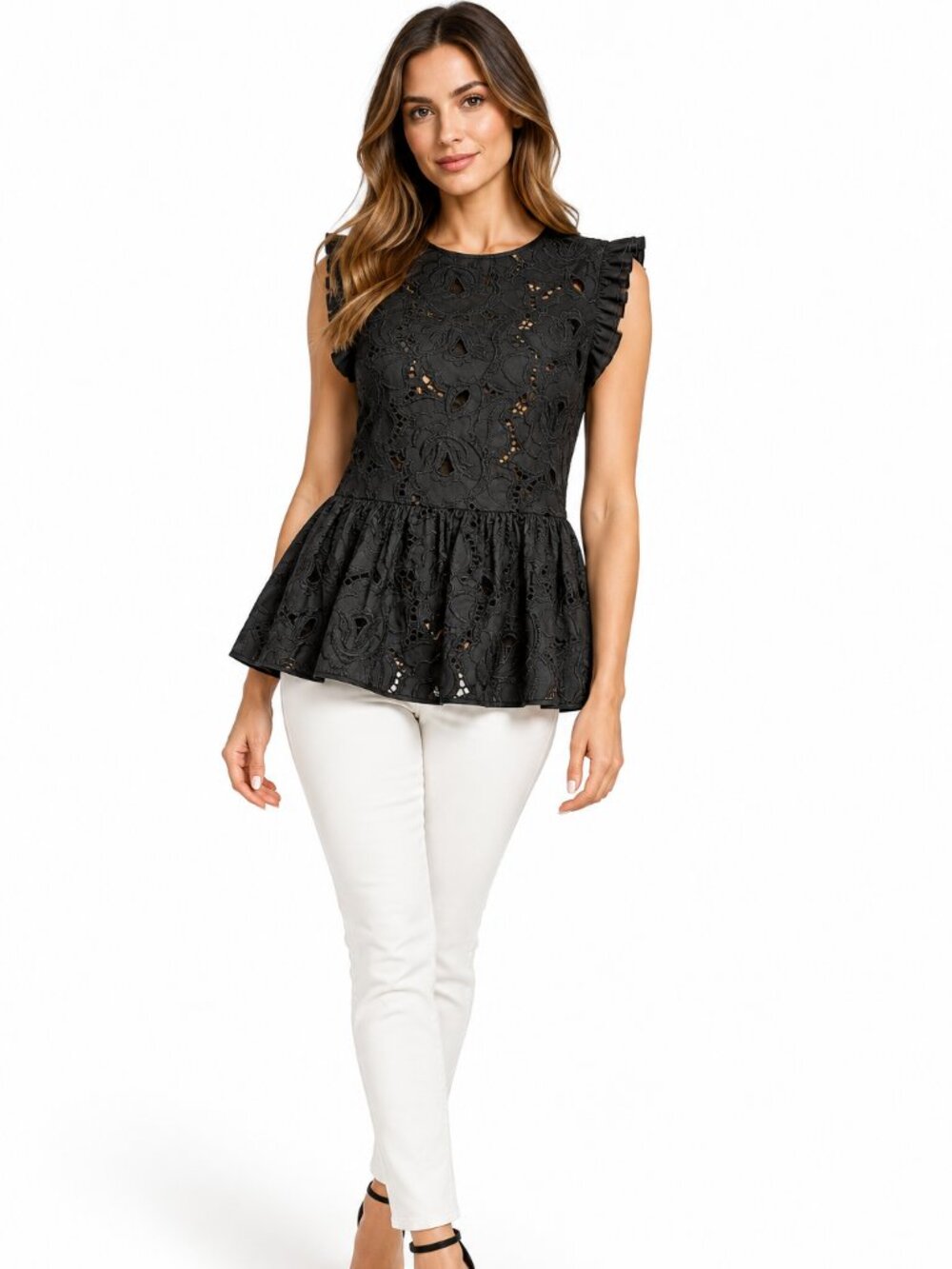 Mytheresa Italian Black Floral Cutwork Peplum Top IT 44 Made in Italy